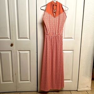 Mud Pie Orange White Geometric Print 3 Way Halter Maxi Dress Size S NWT